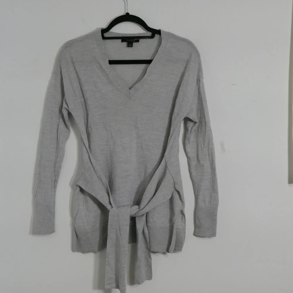 Ann Taylor Women Sweater S Gray 100% Merino Wool Tunic Tie Waist Tunic
